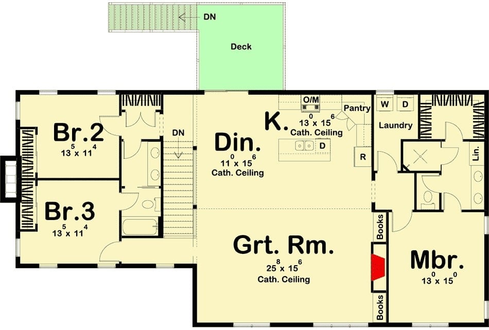 二层平面图有三间卧室，洗衣房，大房间，厨房和向后甲板开放的餐厅区。