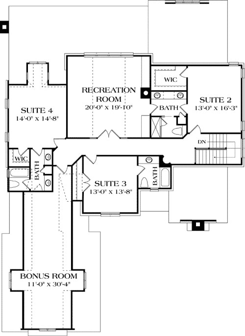 二层平面图有三间卧室，一间娱乐室，在双车库上方还有一间奖励房。