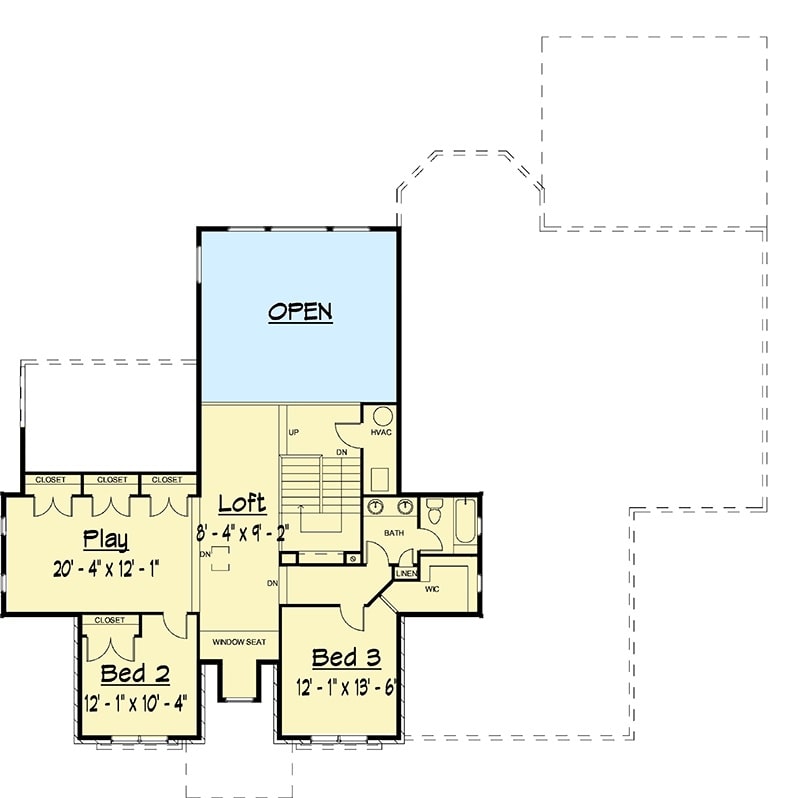二层平面图有两间卧室，一间阁楼和一间带三个衣柜的游戏室。