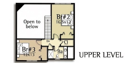二层平面图有两间卧室、储物柜和一间共用浴室。