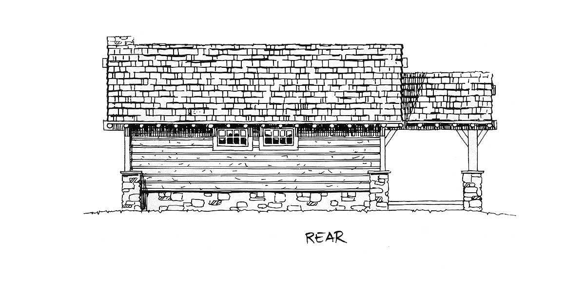 单层两卧室山区住宅的后立面草图。