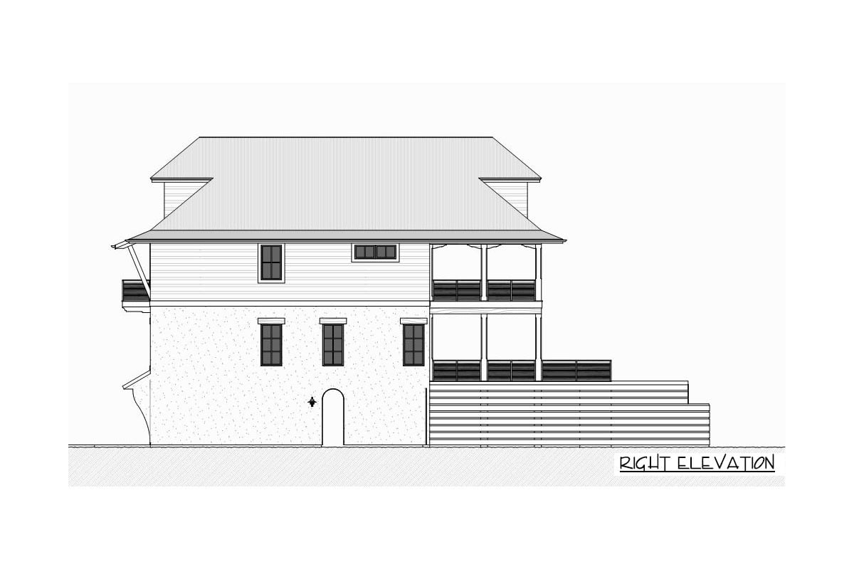 三层四卧室海滨住宅的右立面草图。