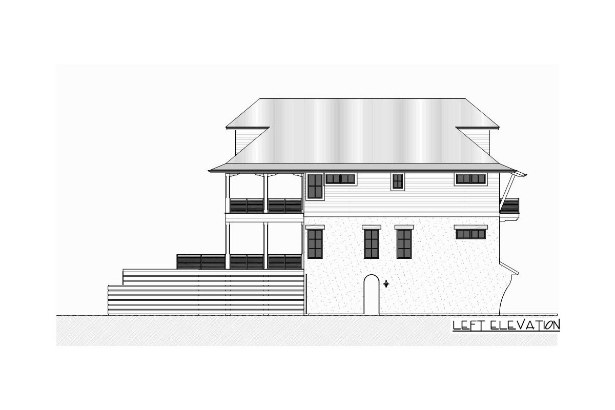 左边是三层四卧室的海滨住宅的立面草图。