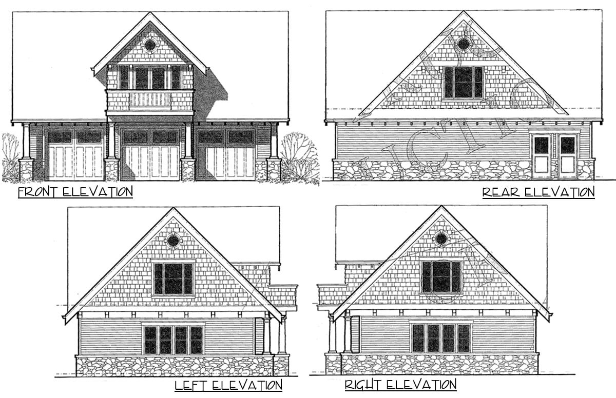 前、右、左和后立面草图的两层两居室马车小屋。
