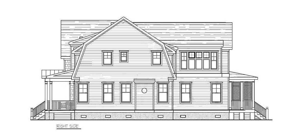 这座两层四居室的海滨乡村住宅的右立面草图。