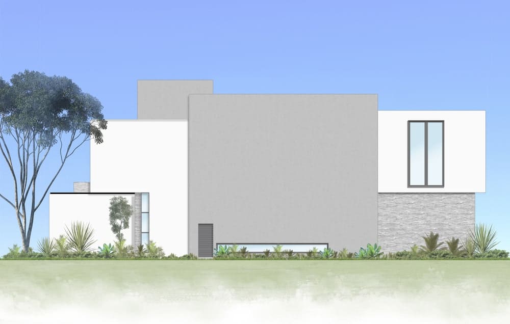这是房子后面的插图，以大的混凝土墙和白色外墙为特色。