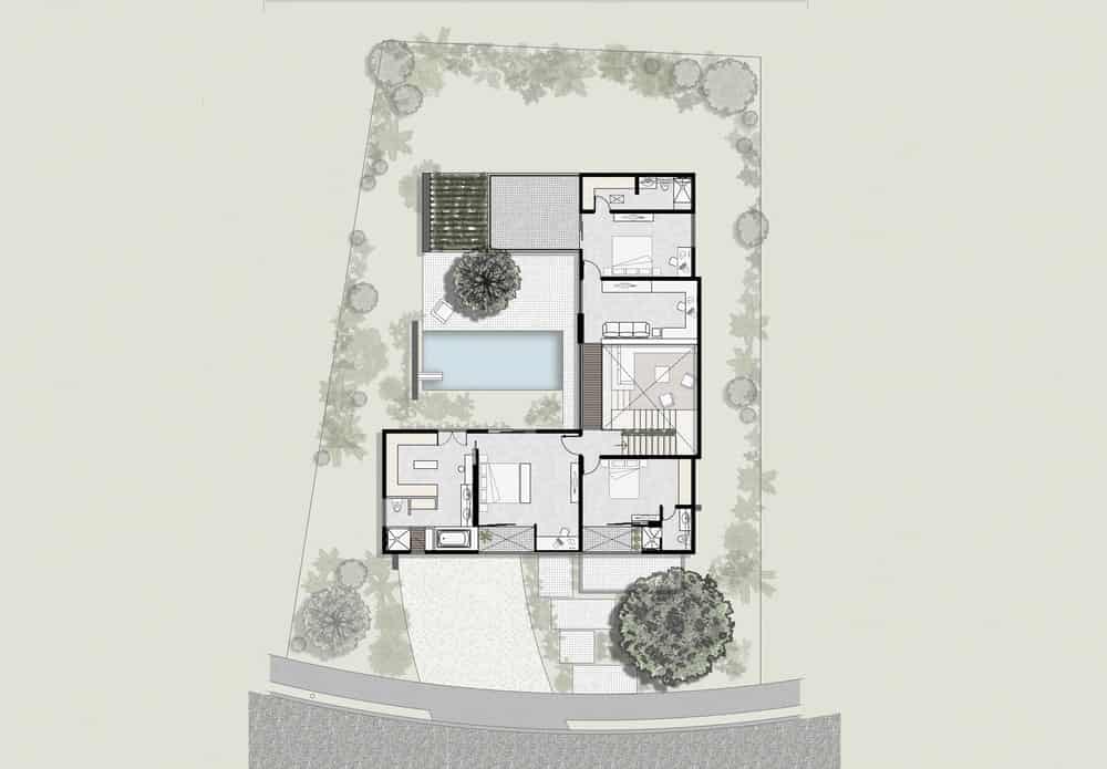 这是整个物业的二层平面图，展示了房屋的各个部分以及室外区域和景观。