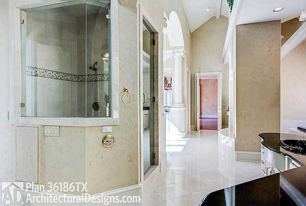 这间步入式淋浴间有一扇玻璃窗、一扇铰链门和锻铁固定装置。
