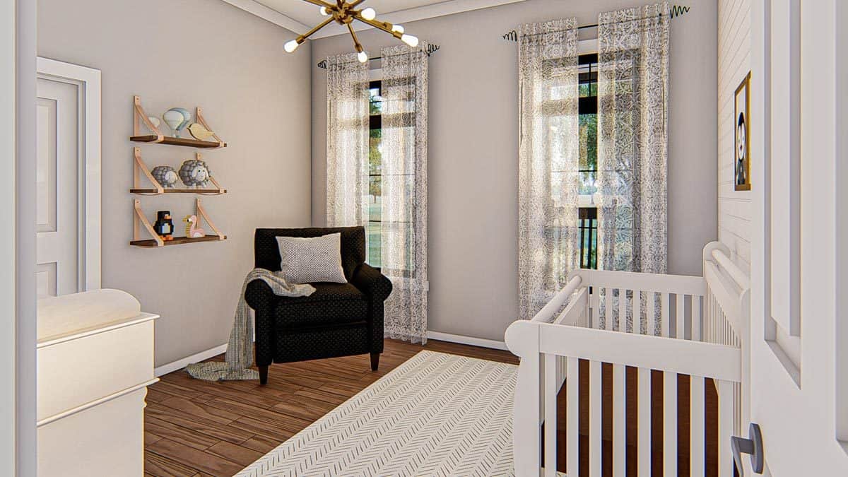 育婴室和一个白色的床,黑色的扶手椅,浮动的架子,和人造卫星的吊灯。