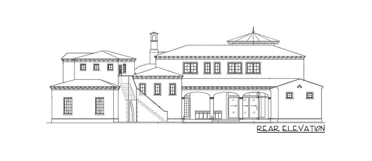6间卧室的两层西班牙别墅的仰角草图。