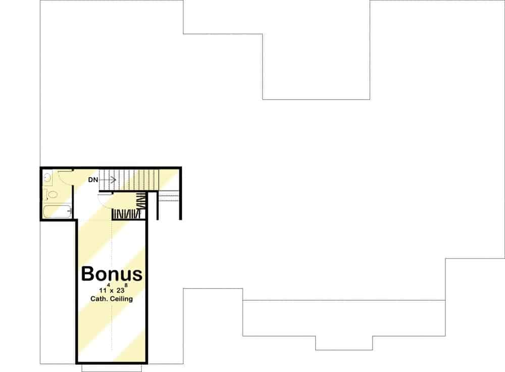 奖金平面图与一个拱形的房间和一个完整的浴室。