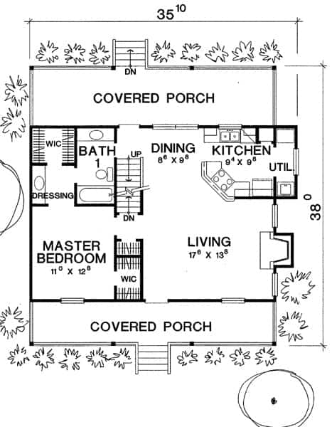 3间卧室两层楼的主要楼层平面图Pagosa小屋带有带顶棚的前后门廊，客厅，用餐区，厨房和主要套房。