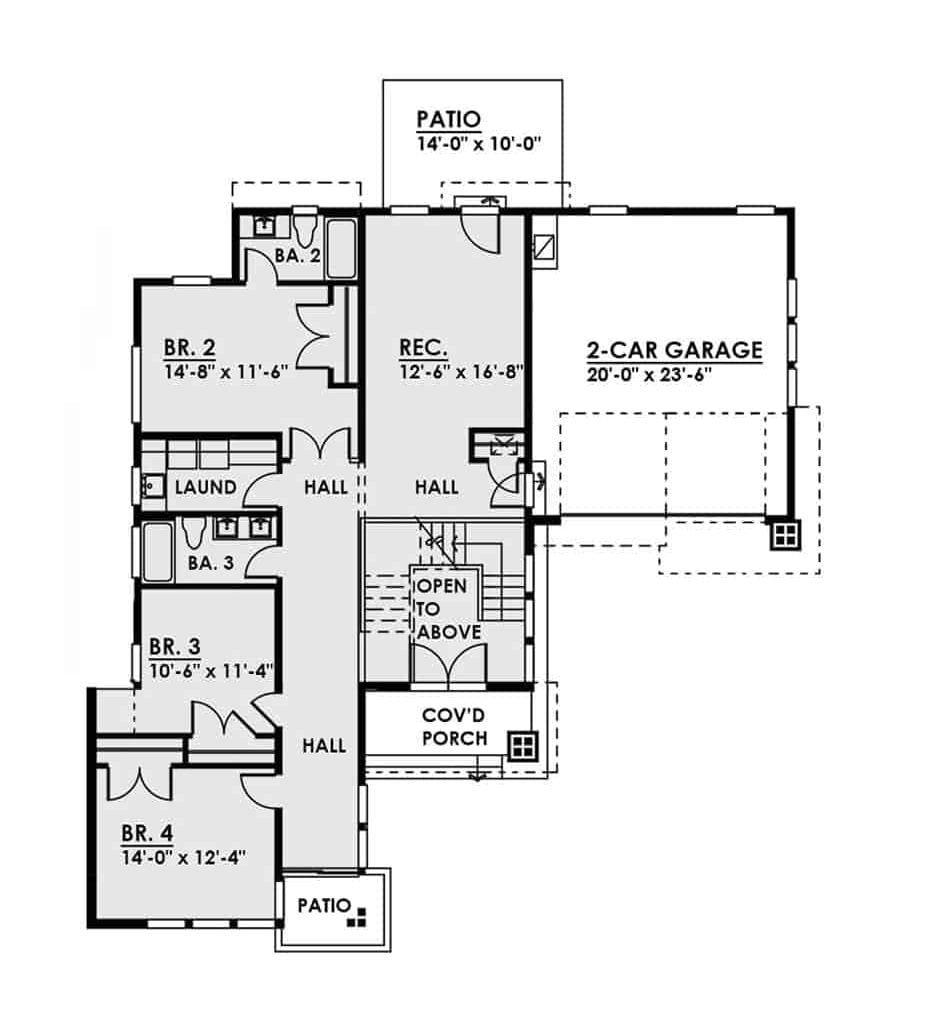 一个4卧室的两层当代风格住宅的主要楼层平面图，带有娱乐室，三间卧室，洗衣房和一个双车库。