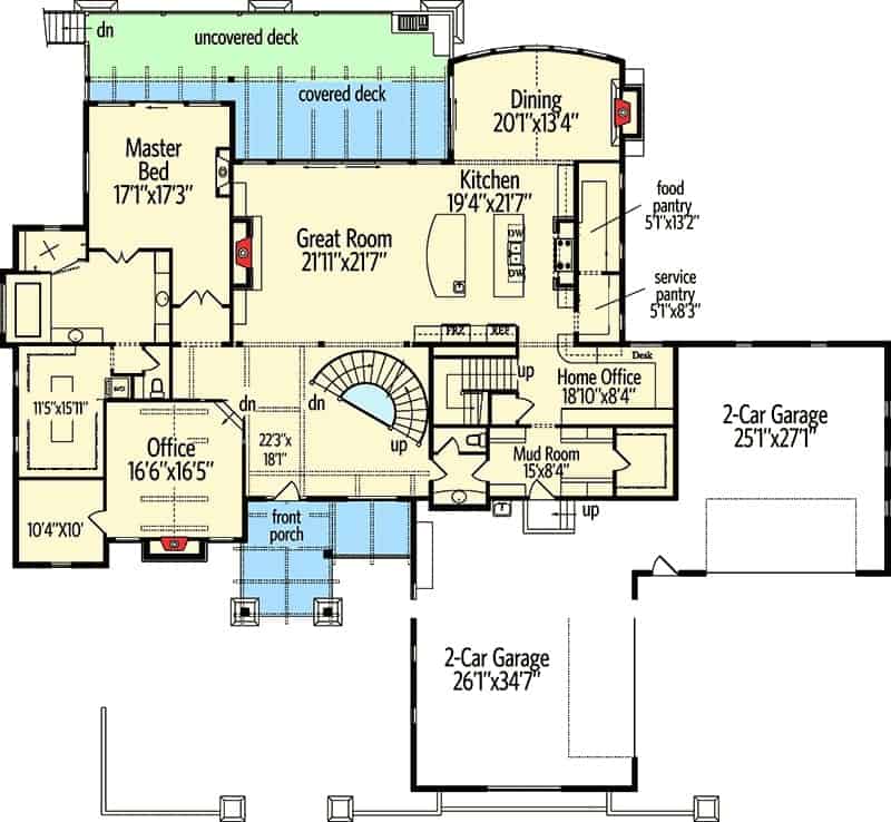 一套5间卧室的两层工匠住宅的主层平面图，带有前廊、大房间、厨房、用餐区、家庭办公室、主要套房和一间通往4车位车库的储藏室。