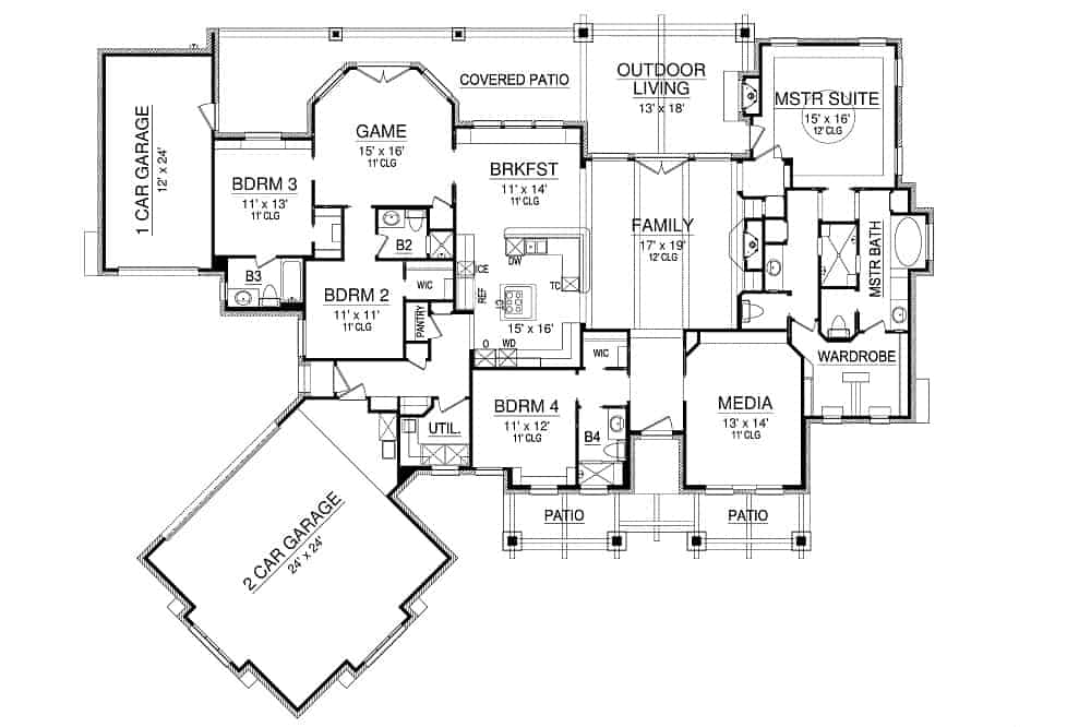 一个单层4卧室钱德勒斯湖工匠家的整个平面图，包括媒体室，家庭室，厨房，早餐区，游戏室，四间卧室，户外生活，和两个车库，可以舒适地停放三辆车。