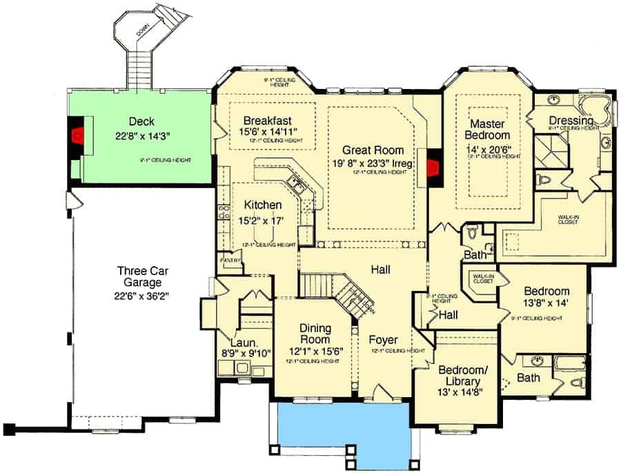 主级平面图的单层5-bedroom传统家庭的房间,三间卧室,厨房,正式饭厅,衣服,和早餐角落,打开甲板。