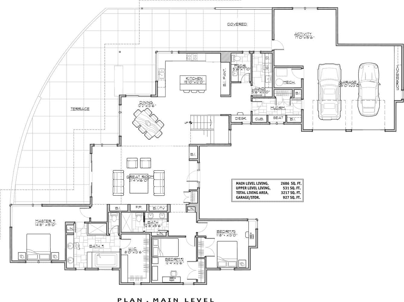 两层三卧室当代住宅的主要楼层平面图，设有大房间，用餐区，厨房，三间卧室，一个庭院和一个宽敞的露台。