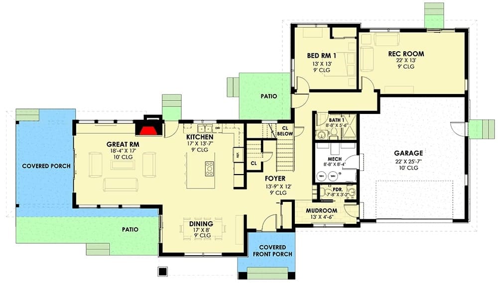 一个两层四卧室的现代草原住宅的主层平面图，设有门厅，共享餐厅和厨房，大房间通往有顶棚的门廊，一间卧室和一间娱乐室。
