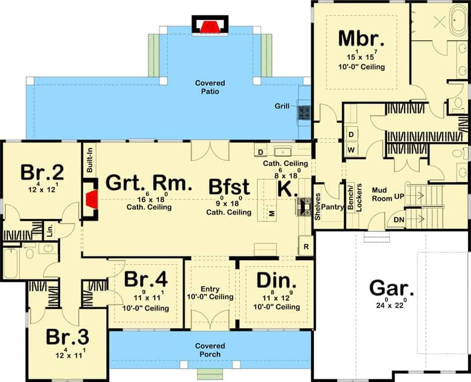 两层6卧室现代农舍的主要楼层平面图，带有前后门廊，大房间，早餐区，厨房，正式餐厅和四间卧室，包括主要套房。