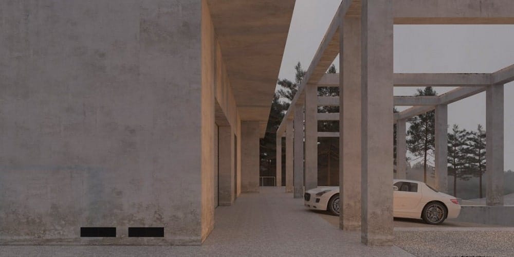 房屋的侧视图展示了其独立的浅米色混凝土结构，使房屋具有独特的外观，看起来像是大型棚架。