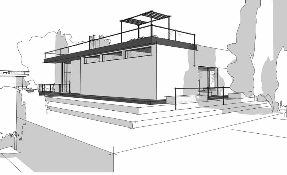 房子的这一面展示了栏杆、阳台和顶层的结构。