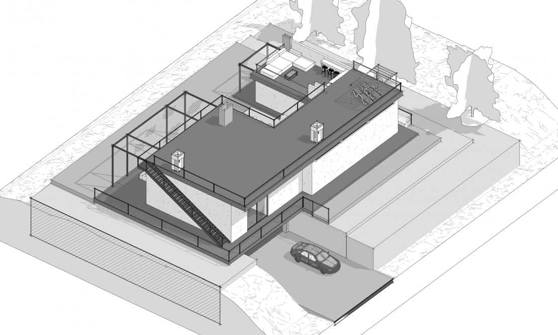 这是房屋鸟瞰图的3d插图，展示了各种结构和区域。