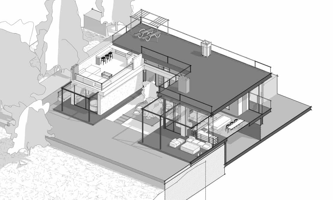 这是房屋鸟瞰图的3d插图，展示了酒吧和露台区域。