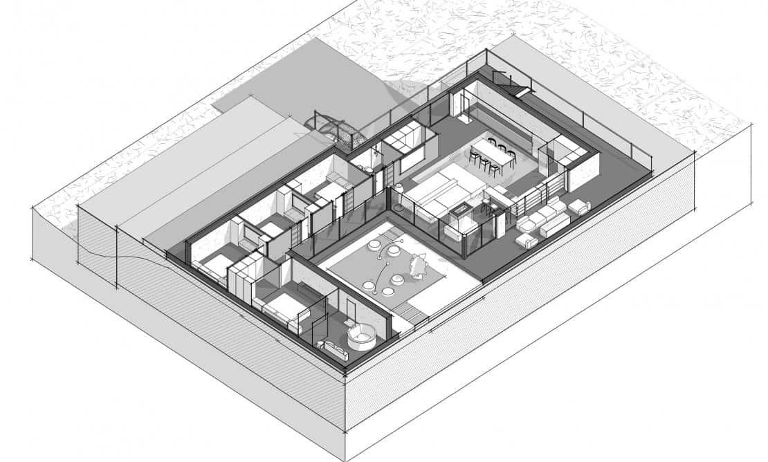 这是住宅第一层的三维鸟瞰图，展示了各种结构和区域，如厨房和起居区。