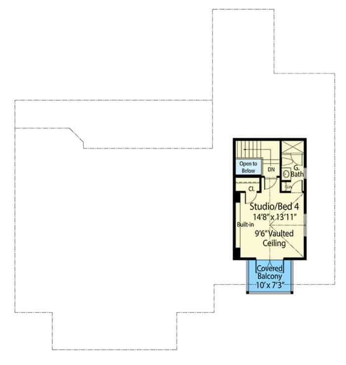二层平面图，设有工作室/卧室，浴室和带顶棚的阳台。