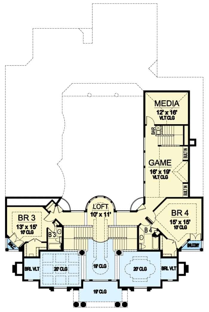 二楼平面图有两间卧室，一间阁楼，一间游戏室和一间媒体室。