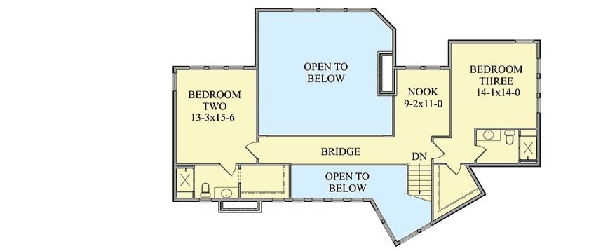 二层平面图有一个角落和两间卧室，由阳台桥连接。