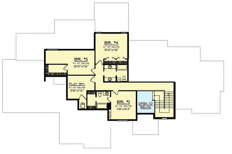 二层平面图有三间卧室和一间游戏室。