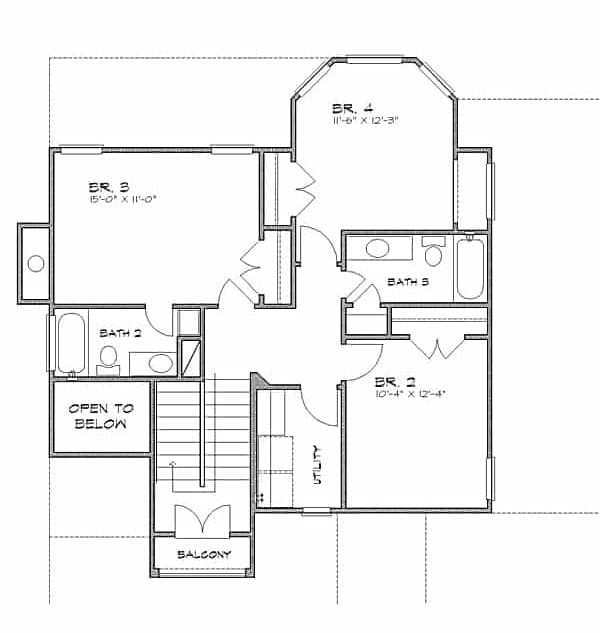 二楼平面图有三间卧室，一个大杂物间和一个小阳台。