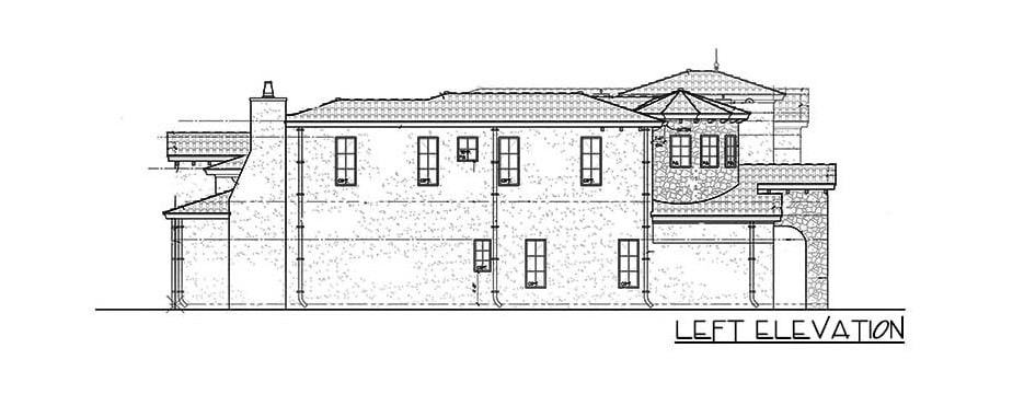 地中海式两层四卧室住宅的左立面草图。
