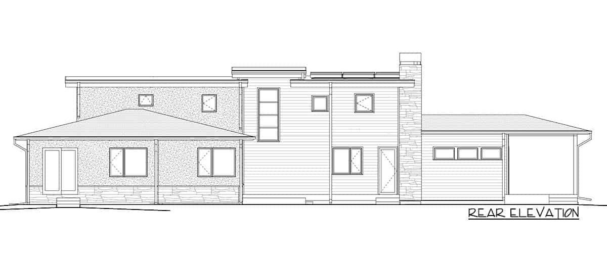 两层四卧室的现代草原住宅的仰角草图。