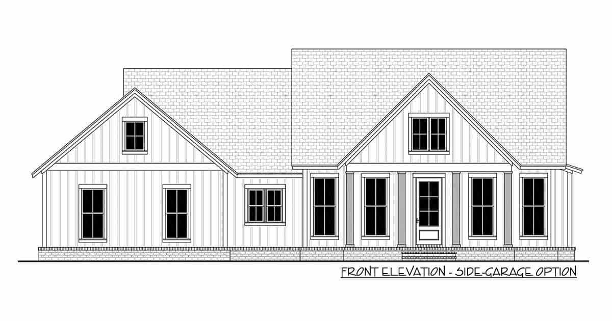 3卧室单层现代农舍的正面立面侧车库选项草图。