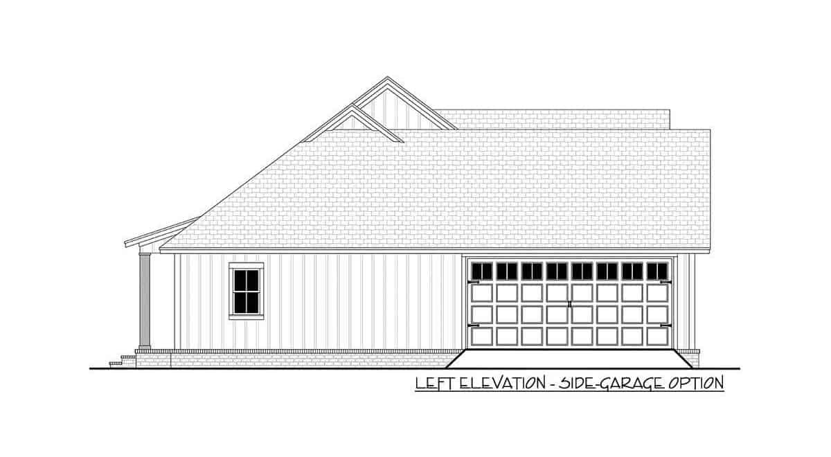 3卧室单层现代农舍的左立面侧车库选项草图。