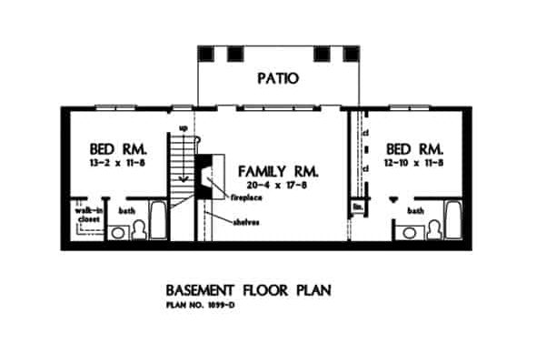 地下室平面图，有两间卧室和一间家庭娱乐室。