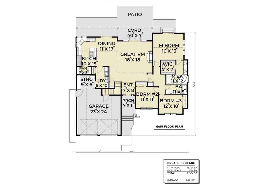 3间卧室的单层Coastal 104别墅风格住宅的主层平面图，带有前后门廊、大房间、用餐区、厨房、三间卧室和一间通往双车库的洗衣房。