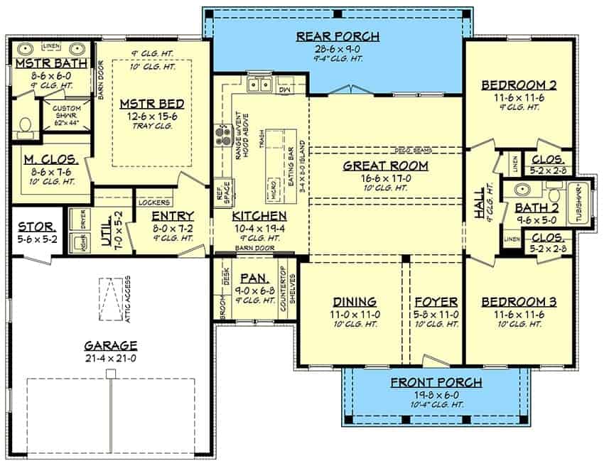 三卧室单层现代农舍的主要楼层平面图，带有前后门廊，门厅，正式餐厅，大房间，厨房，三间卧室，公用设施和双车库。