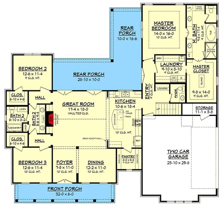 一个四卧室的两层中型现代农舍的主要楼层平面图，前后门廊，门厅，正式餐厅，大房间，厨房，洗衣房，三间卧室，和一个带存储空间的双车库。