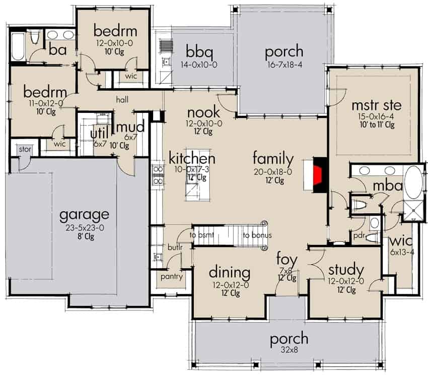 两层三卧室现代农舍的主要楼层平面图，带有前后门廊，门厅，家庭娱乐室，用餐区，厨房，书房，杂物间，三间卧室和一个双车库。
