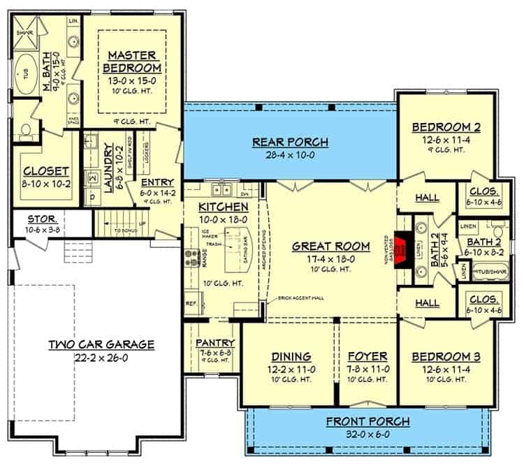 两层四卧室现代农舍的主要楼层平面图，带有前后门廊，正式餐厅，大房间，厨房，洗衣房，两车车库和三间卧室。