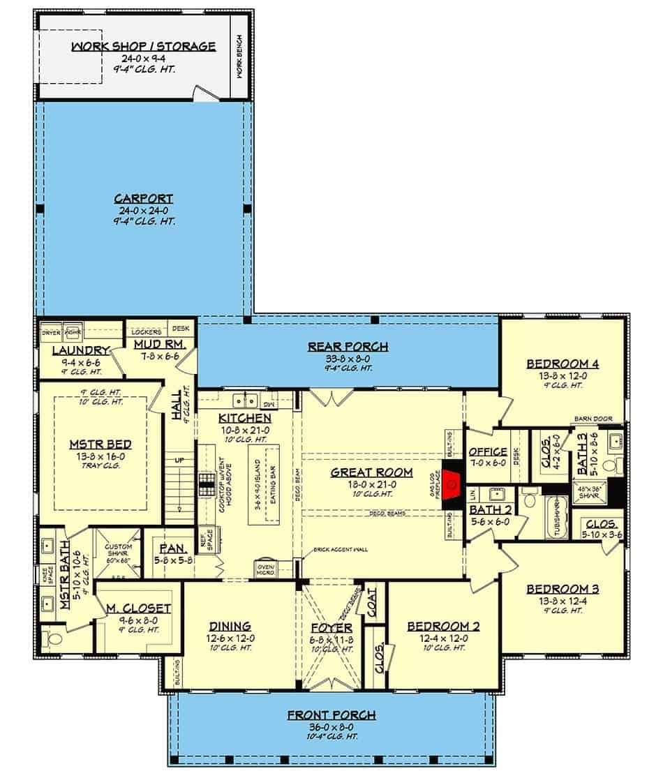 主级两层的平面图5-bedroom现代农舍前后门廊,门厅,正式饭厅,大房间,厨房,洗衣间,寄存室,与车间四个卧室,和一个车库。