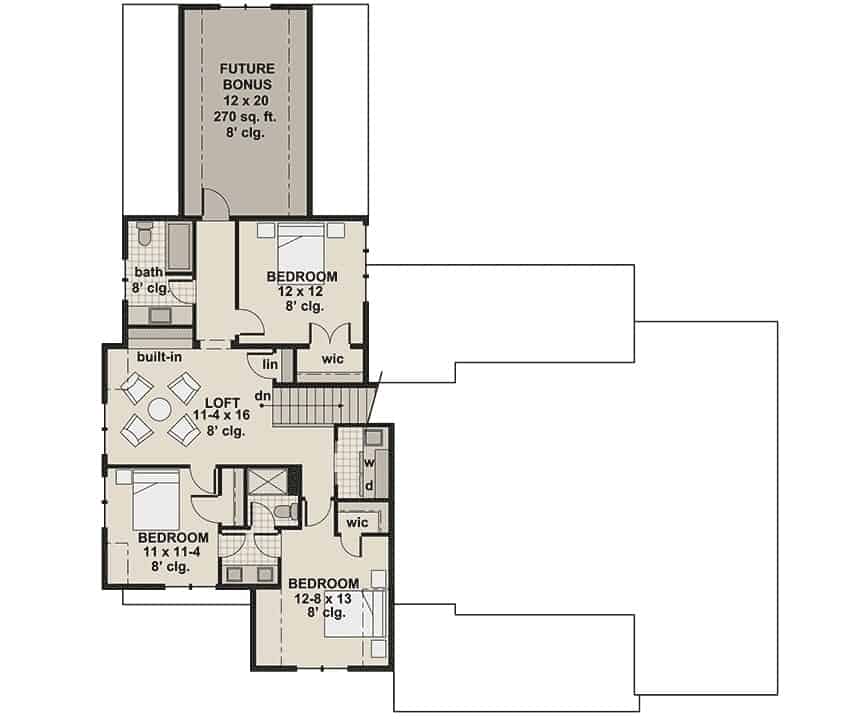 二层平面图有三间卧室，一间阁楼和一间未来奖励房。
