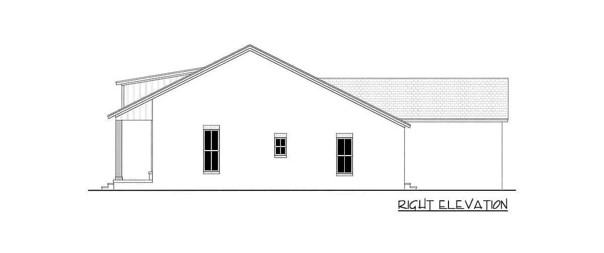 单层三卧室乡村工匠住宅的右立面草图。