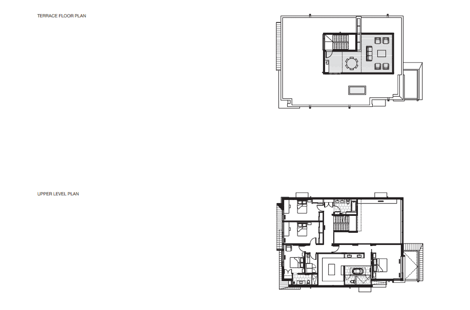 这是房子的上层和露台平面图及其各个部分的插图。