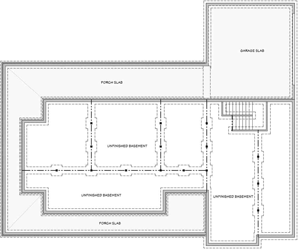 未完成的地下室平面图显示车库板，门廊板，和未完成的空间。