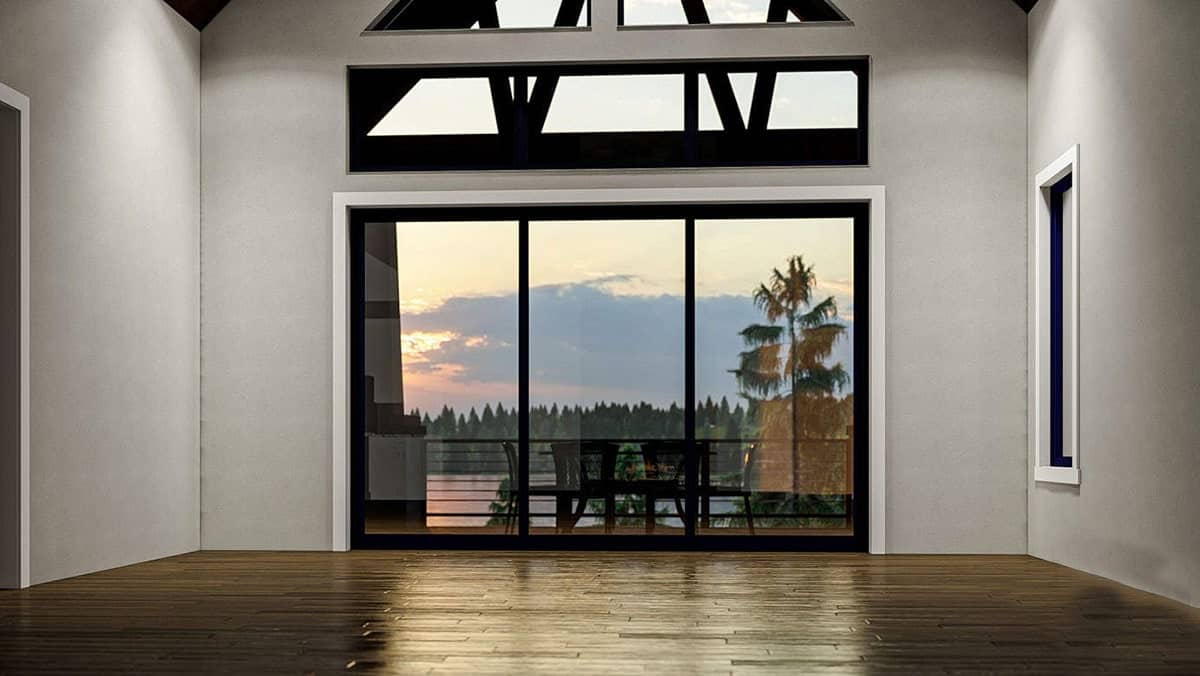 生活空间有天然实木地板,米黄色的墙壁,和天窗窗俯瞰室外风景。