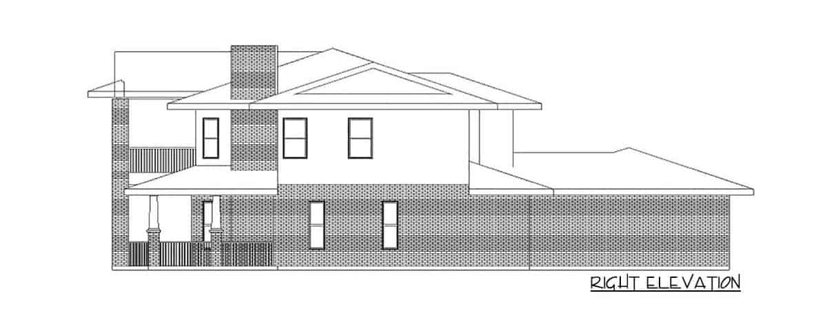 四卧室两层南方传统住宅的右立面草图。